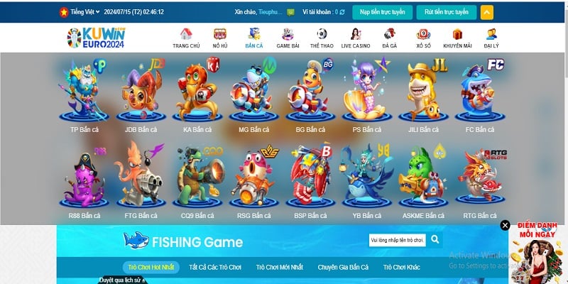 Giao diện sảnh game bắn cá thân thiện của Kuwin 